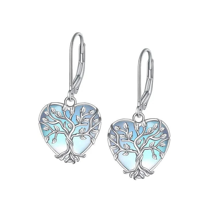 Damesoorbellen, modieus, van S925 sterling zilver, met Keltische knoop, maansteen en levensboommotief, hangende oorbellen met hendelsluiting.