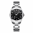 Silver watch with black dial on a white background, featuring the CHENXI brand.