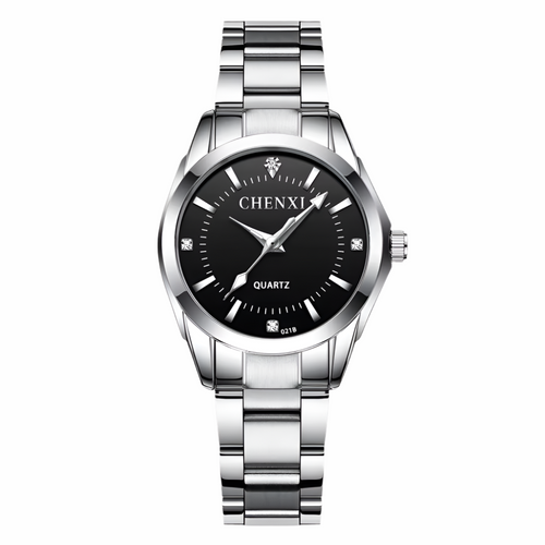 Silver watch with black dial on a white background, featuring the CHENXI brand.