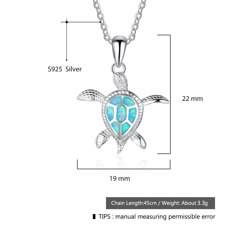 Women Fashionable Necklace Versatile Opal Clavicle Chain 925 Sterling Silver Cute Sea Turtle Pendant Charm Necklace