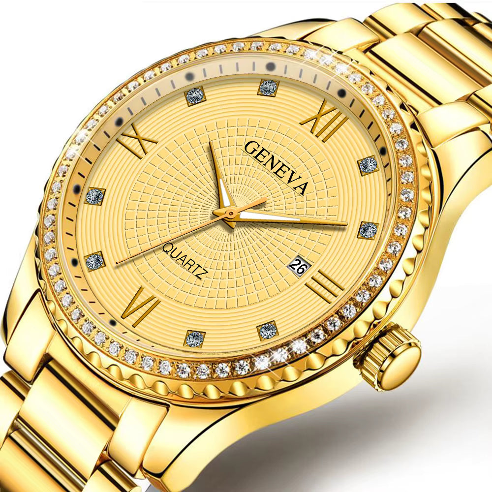 Genève Nieuwe Romeinse Schaal Heren Diamant vervaardigd Kalender Stalen Band Quartz Horloge Roestvrij Staal Heren Quartz Horloge