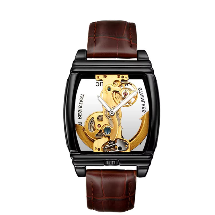 Orologio meccanico automatico da uomo SHENHUA a forma di barile, a doppia faccia, con cinturino in pelle originale.