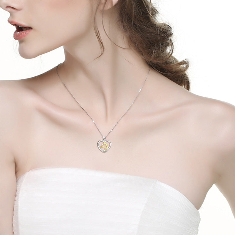 Women Fashionable Necklace 925 Sterling Silver Rhinestone Heart Shape Gold Horse Pendant Necklace Women's  Necklace