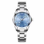 Silver watch with blue dial on a white background, featuring the CHENXI brand.