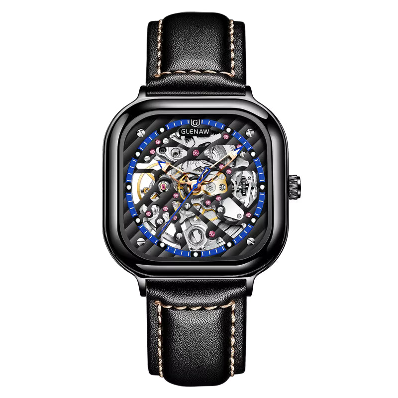 Orologio meccanico automatico scheletrato da uomo Glenaw in acciaio inossidabile con cinturino in pelle, gomma e silicone.