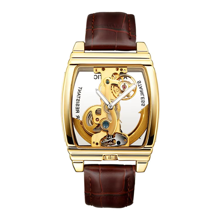 Orologio meccanico automatico da uomo SHENHUA a forma di barile, a doppia faccia, con cinturino in pelle originale.