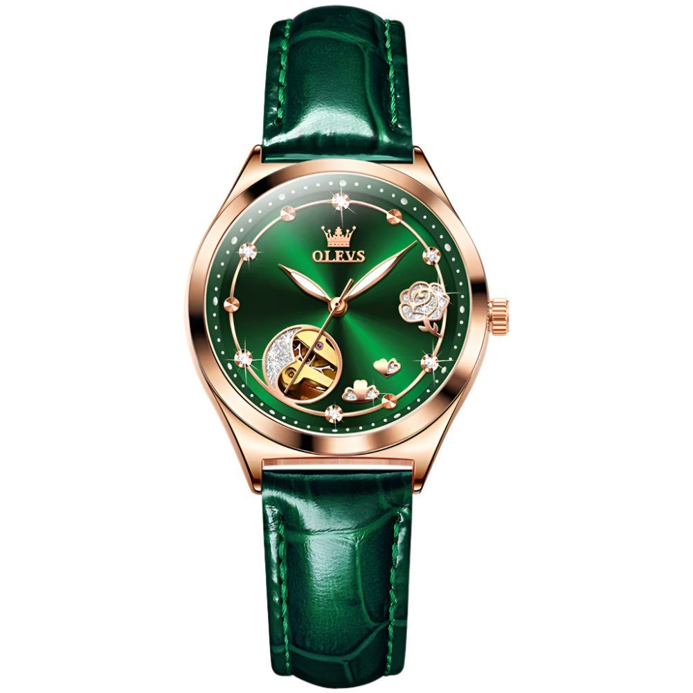 OLEVS Luxury Women's Mechanical Wristwatch Rhinstones Crafted Original Leather Analog Display Mechanical Women Watch