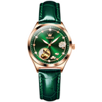OLEVS Luxury Women's Mechanical Wristwatch Rhinstones Crafted Original Leather Analog Display Mechanical Women Watch