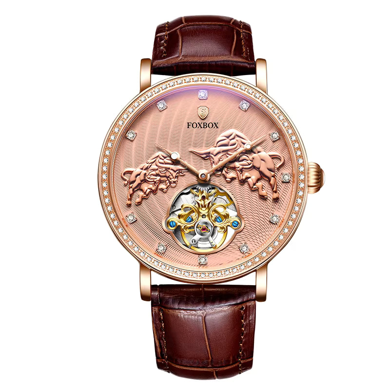 FOXBOX Merk Luxe Mechanische Waterdichte Tourbillon Creativiteit Lederen Band Sport Polshorloge Mechanische Automatische Horloges