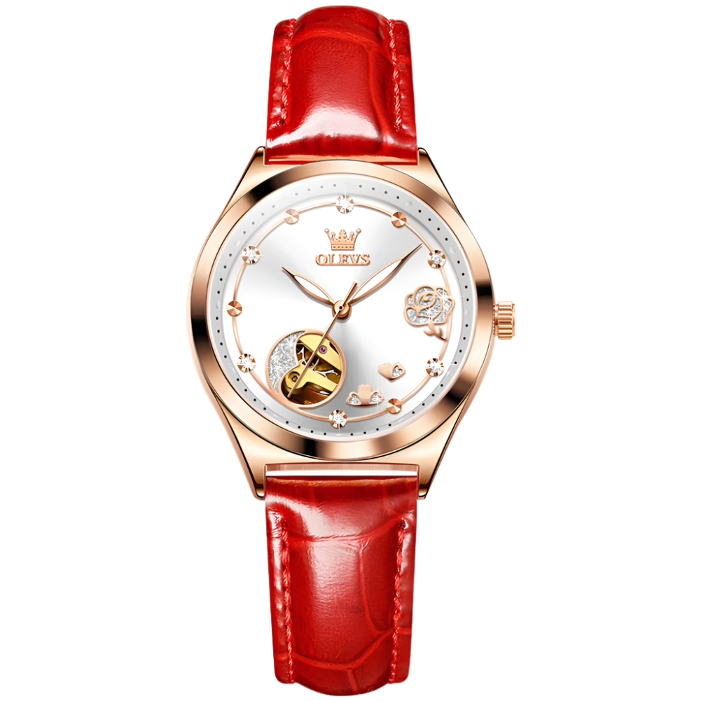 OLEVS Luxury Women's Mechanical Wristwatch Rhinstones Crafted Original Leather Analog Display Mechanical Women Watch - Acquisti Online