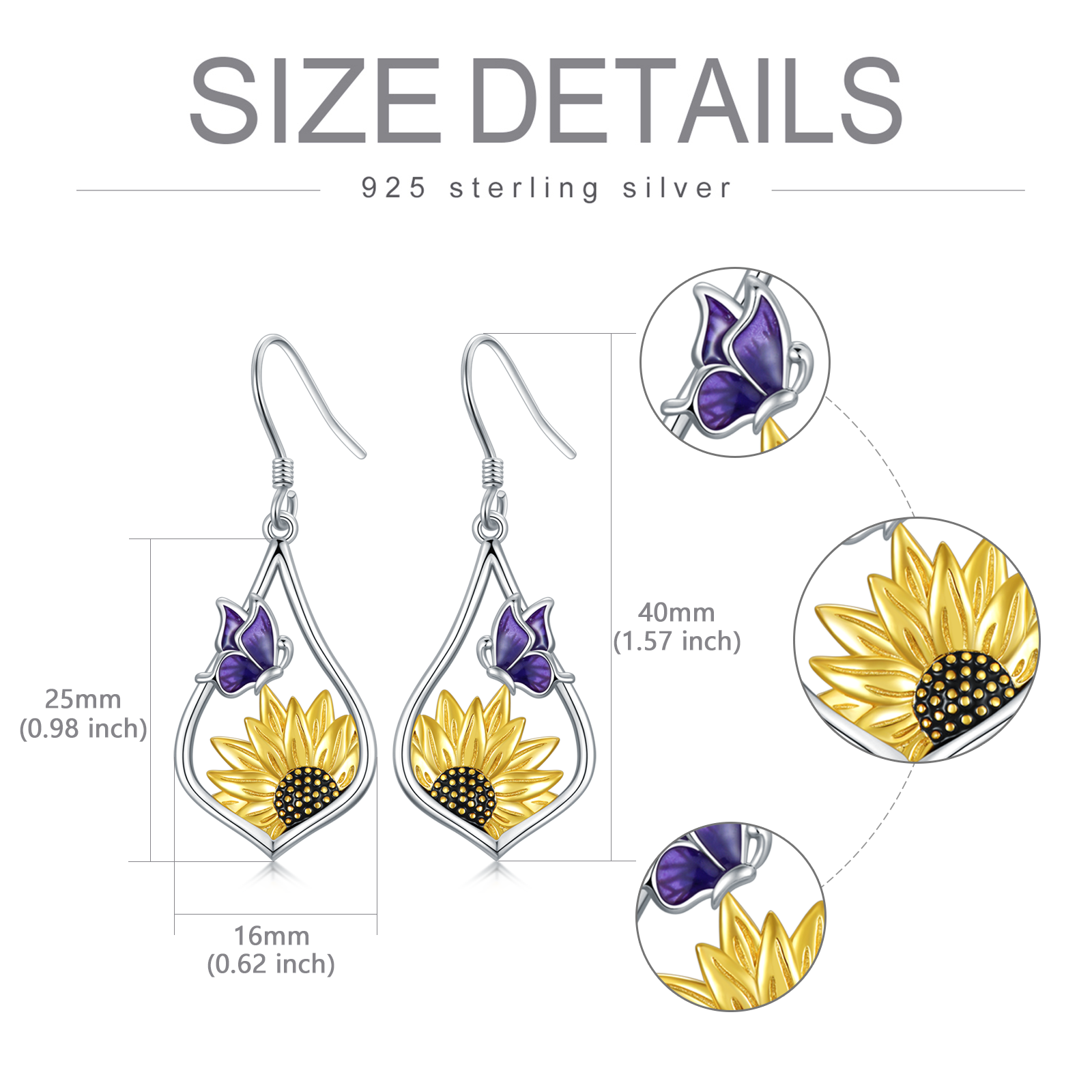 Modieuze oorbellen voor dames, gemaakt van S925 sterling zilver, met een zonnebloemmotief en een hangertje.