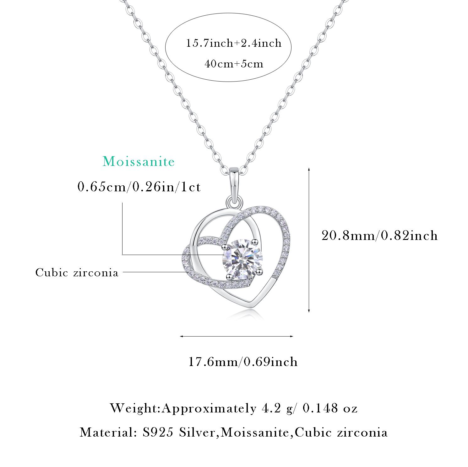 Luxe damesketting van 925 sterling zilver met in elkaar grijpende hartjes van moissanite en diamanten. Modieuze hanger voor dames.