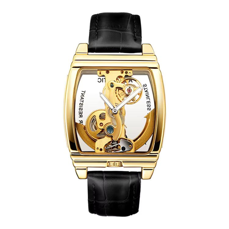 Orologio meccanico automatico da uomo SHENHUA a forma di barile, a doppia faccia, con cinturino in pelle originale.