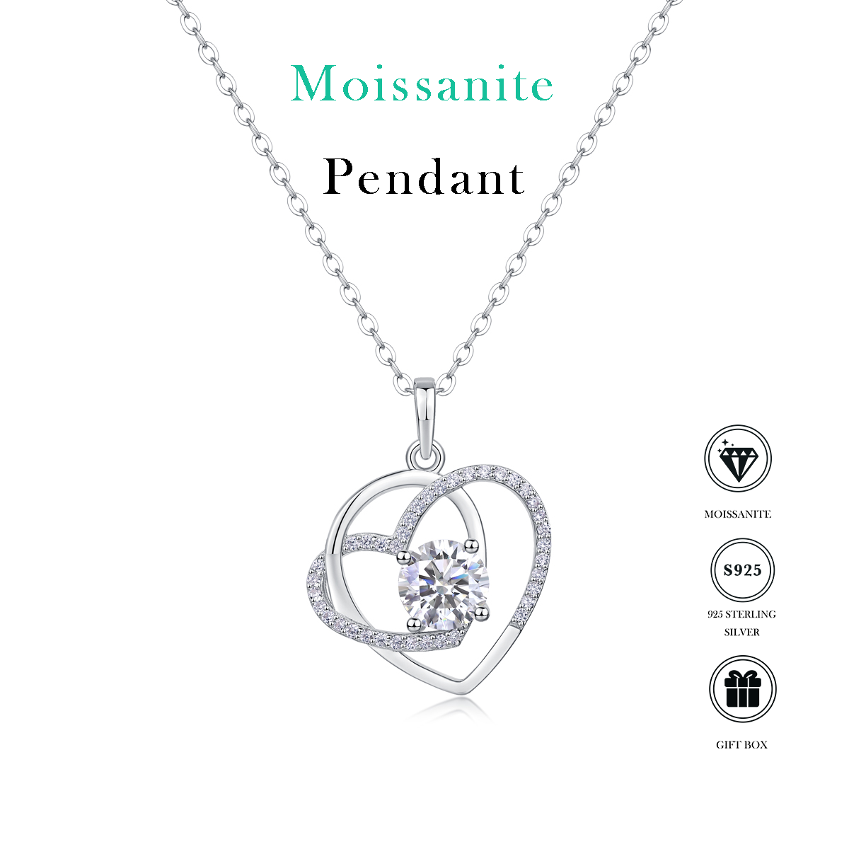 Luxe damesketting van 925 sterling zilver met in elkaar grijpende hartjes van moissanite en diamanten. Modieuze hanger voor dames.