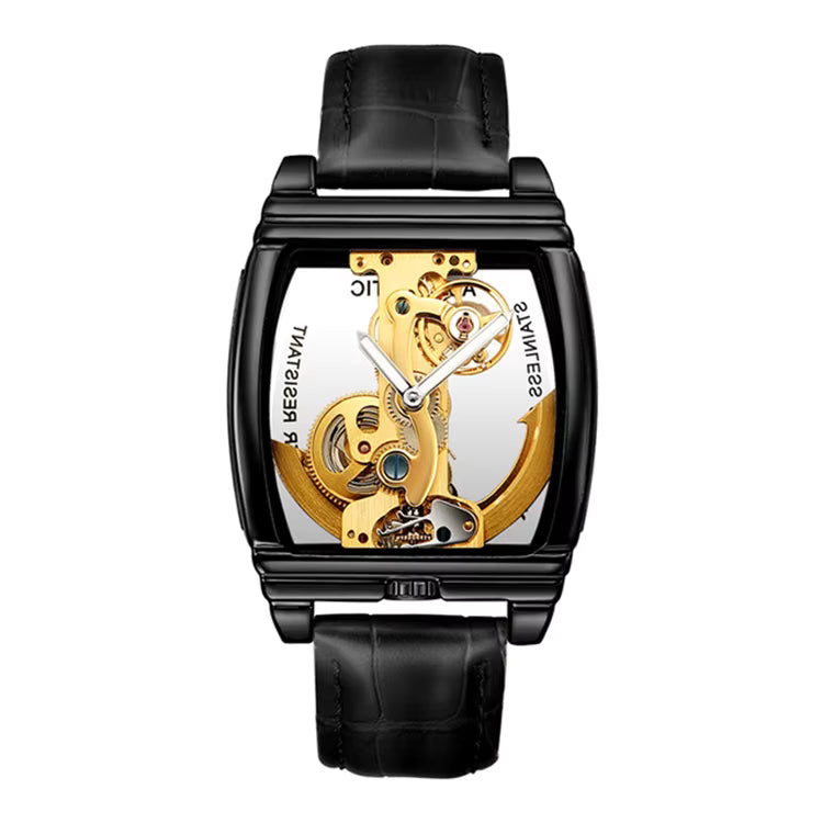 Orologio meccanico automatico da uomo SHENHUA a forma di barile, a doppia faccia, con cinturino in pelle originale.