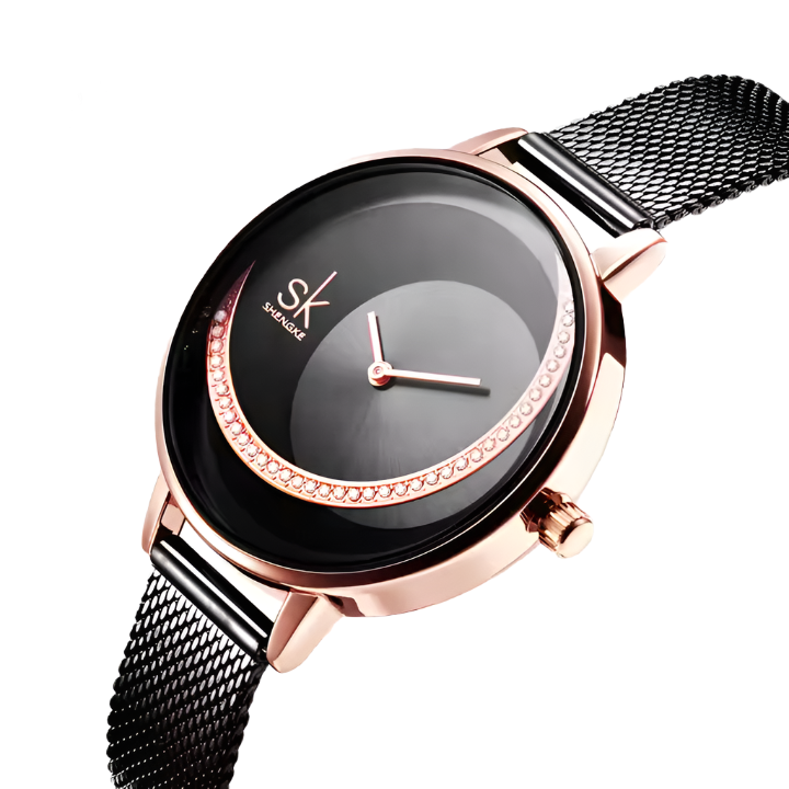Shengke Luxe Merk Dames Quartz Horloge Kristal Dameshorloges Mesh Riem Quartz Polshorloges Strass Dameshorloge
