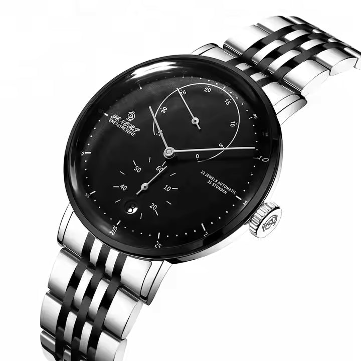 SENORS SN082 Orologio meccanico da uomo con cinturino in acciaio inossidabile, completamente automatico, scheletro, impermeabile
