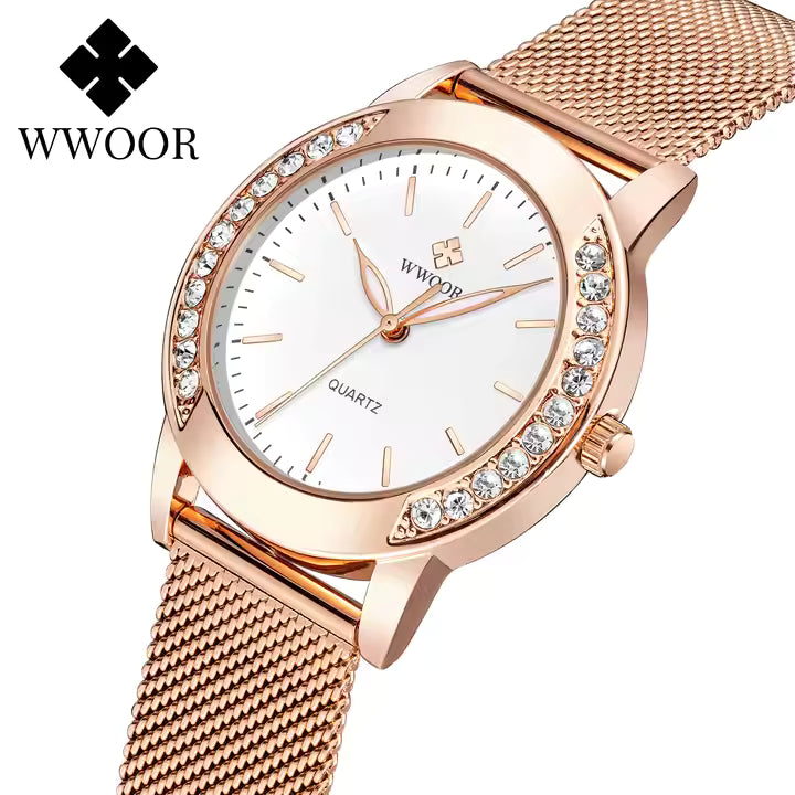 WWOOR Luxe dameshorloges met diamanten top, nieuw modehorloge voor dames, quartzhorloge met mesh band en armband voor dames