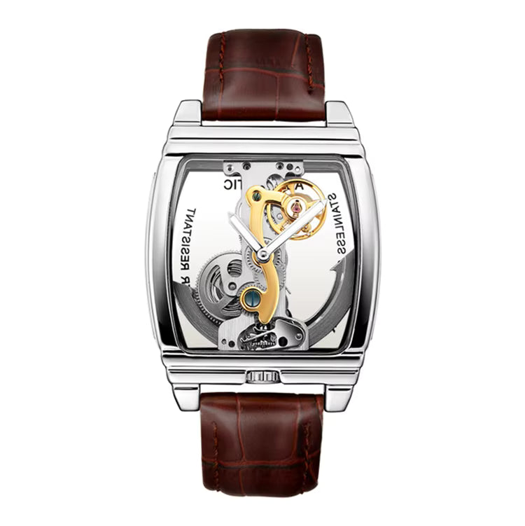 Orologio meccanico automatico da uomo SHENHUA a forma di barile, a doppia faccia, con cinturino in pelle originale.