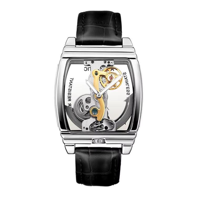 Orologio meccanico automatico da uomo SHENHUA a forma di barile, a doppia faccia, con cinturino in pelle originale.