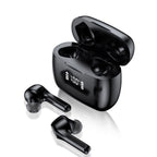Black wireless earbuds with charging case on a white background