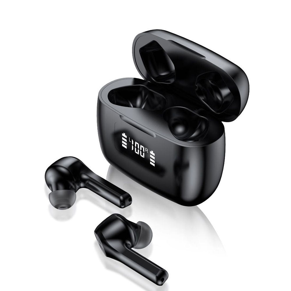 Black wireless earbuds with charging case on a white background