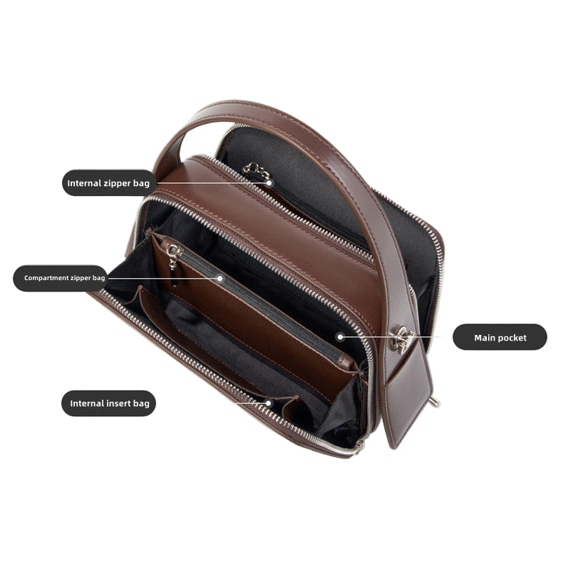 Women's Genuine Leather Shoulder Bag Multi Zipper Pocket Large Capacity Crossbody Bag Fashionable Women's Shoulder Bag