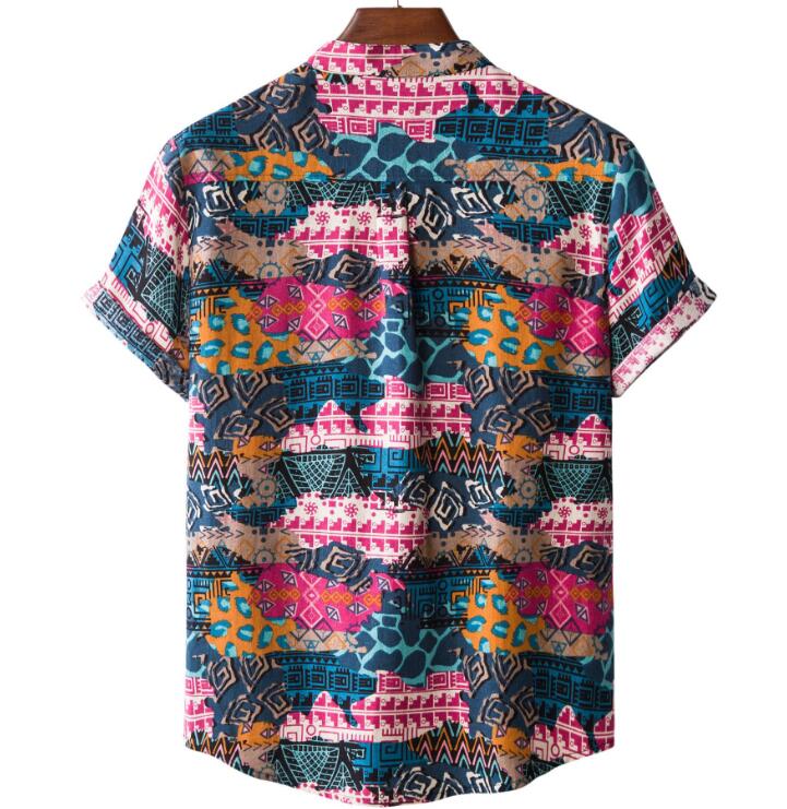 Men's Fashionable Casual Shirt Printed Loose Hawaiian Shirt Stand Collar Cotton Linen Ethnic Printed Men's Shirts