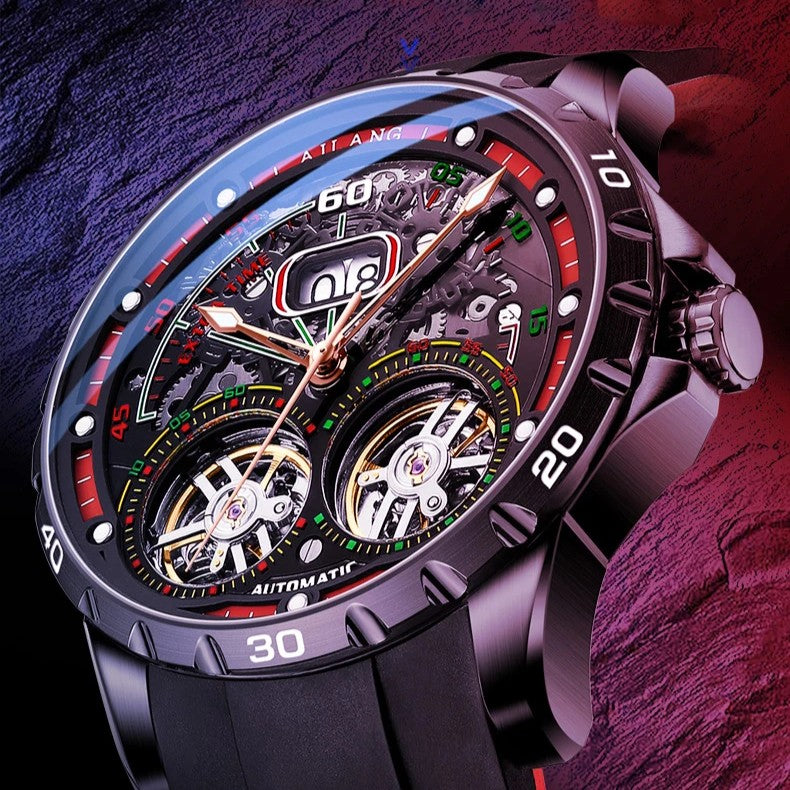 Man Automatic Sports Watch Waterproof Double Flywheel Hollow Watch
