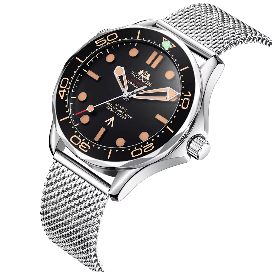 Paulareis Men's Automatic Self Wind Mechanical Watch Waterproof Stainless Steel Mesh Belt Luxury Men's Mechanical Watch