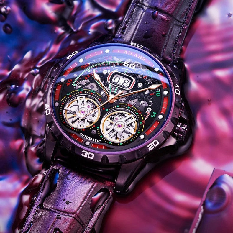 Man Automatic Sports Watch Waterproof Double Flywheel Hollow Watch