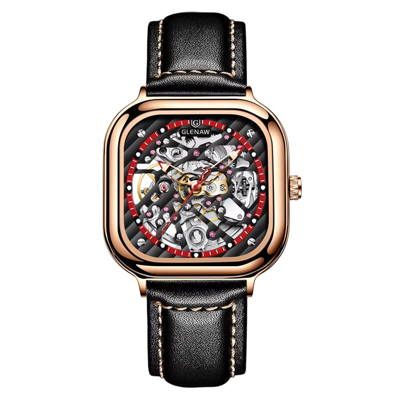 Orologio meccanico automatico scheletrato da uomo Glenaw in acciaio inossidabile con cinturino in pelle, gomma e silicone.