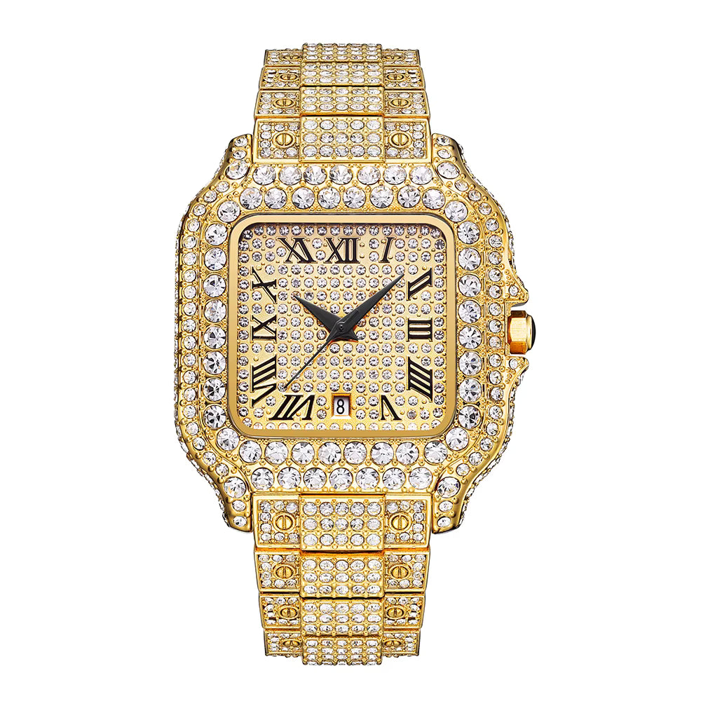 Men Luxury Rhinstone Crafted Quartz Watch Waterproof Classic Square Fashionable Man's  Hip Hop Quartz Wristwatches