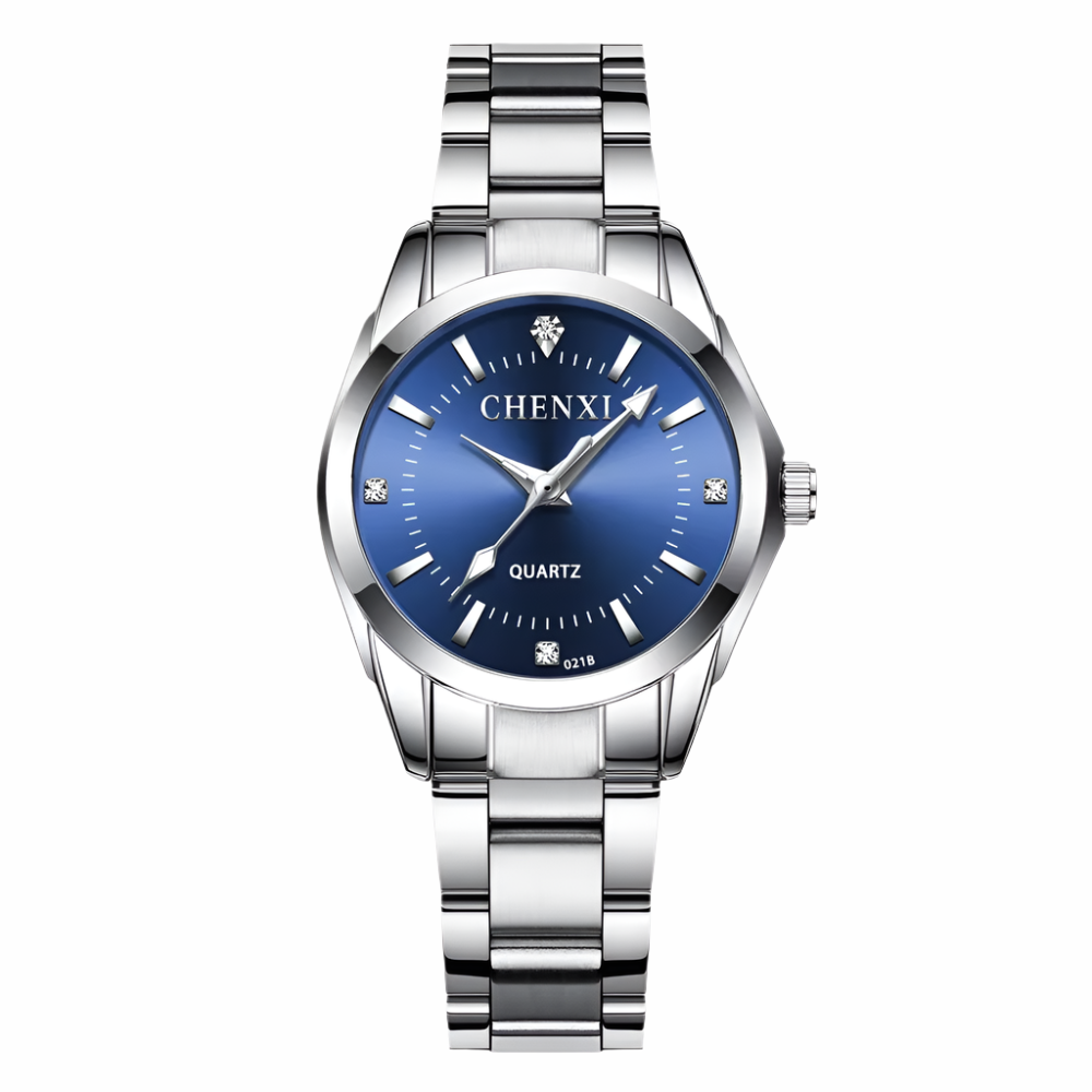 Silver watch with blue dial on a white background, featuring the CHENXI brand.