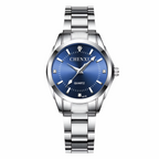Silver watch with blue dial on a white background, featuring the CHENXI brand.