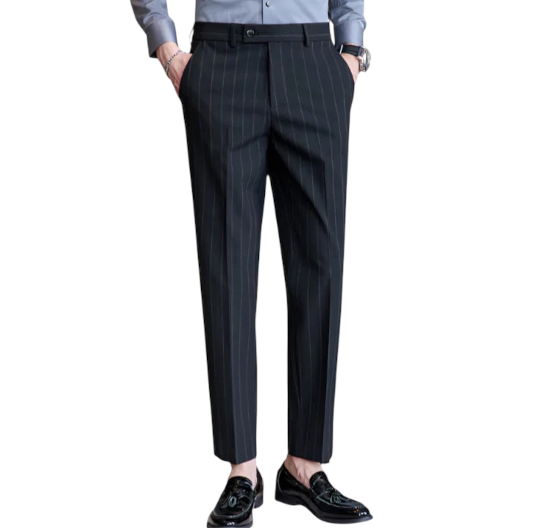 Heren modieuze casual formele broek garengeverfd licht luxe gestreepte textuur heren zakelijk pak stretch casual broek