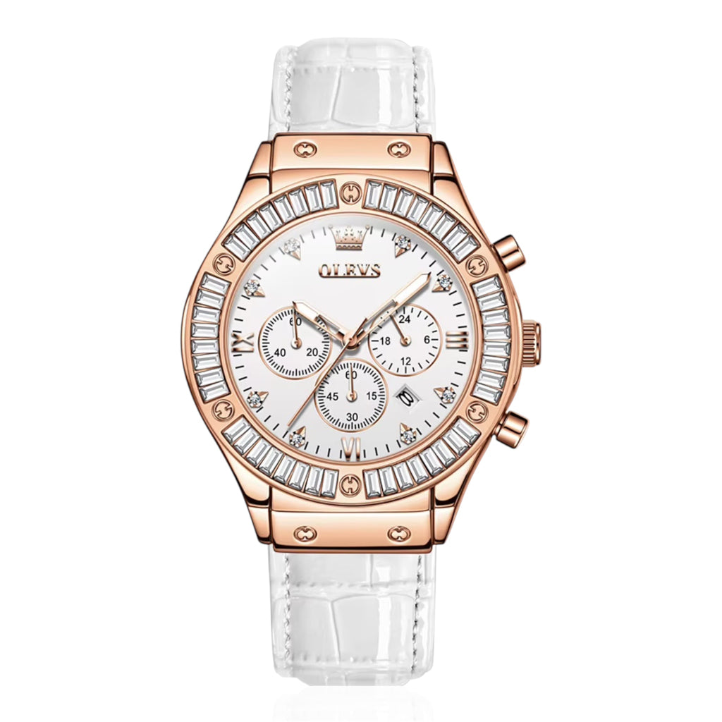 OLEVS Women's Analog Quartz Watch Leather Strap Rhinstone Crafted Waterproof Luxury Elegant Ladies Quartz Wristwatch