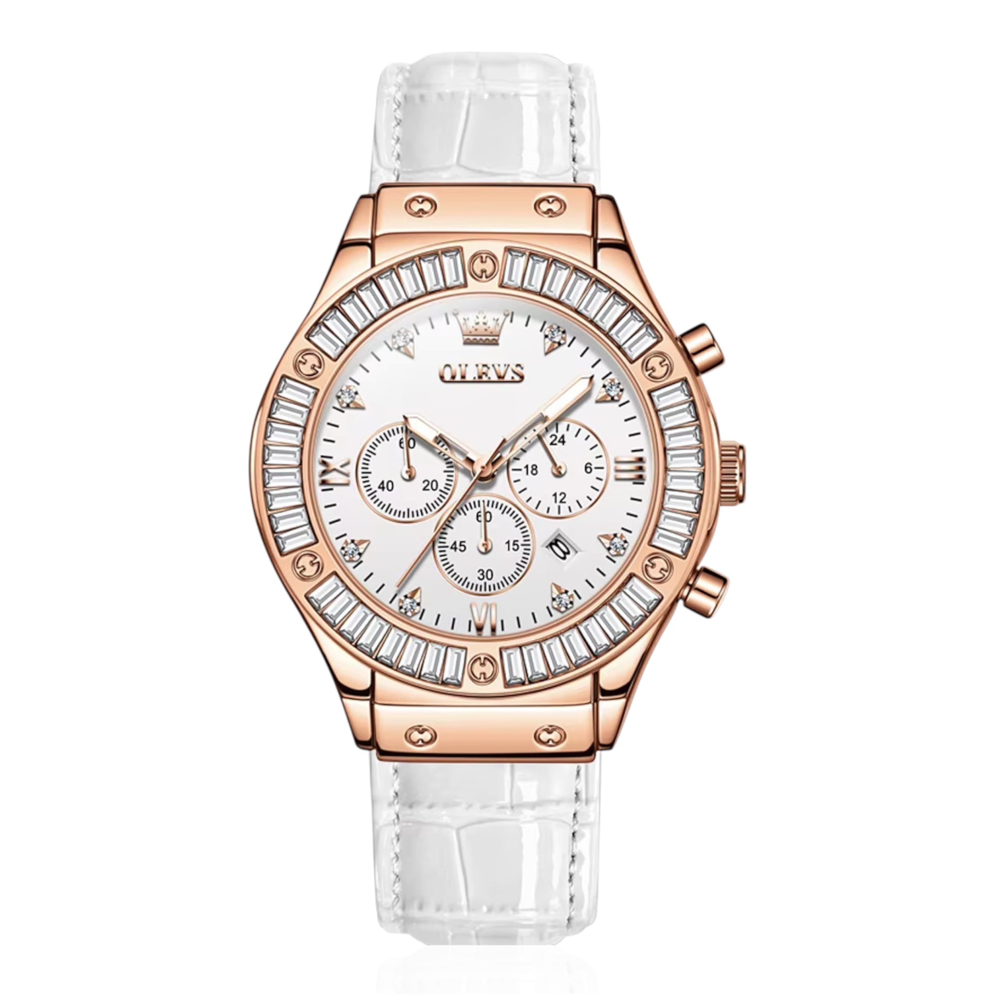 OLEVS Dames analoog quartzhorloge met leren band, gemaakt van rhinstone, waterdicht, luxe en elegant quartzhorloge voor dames