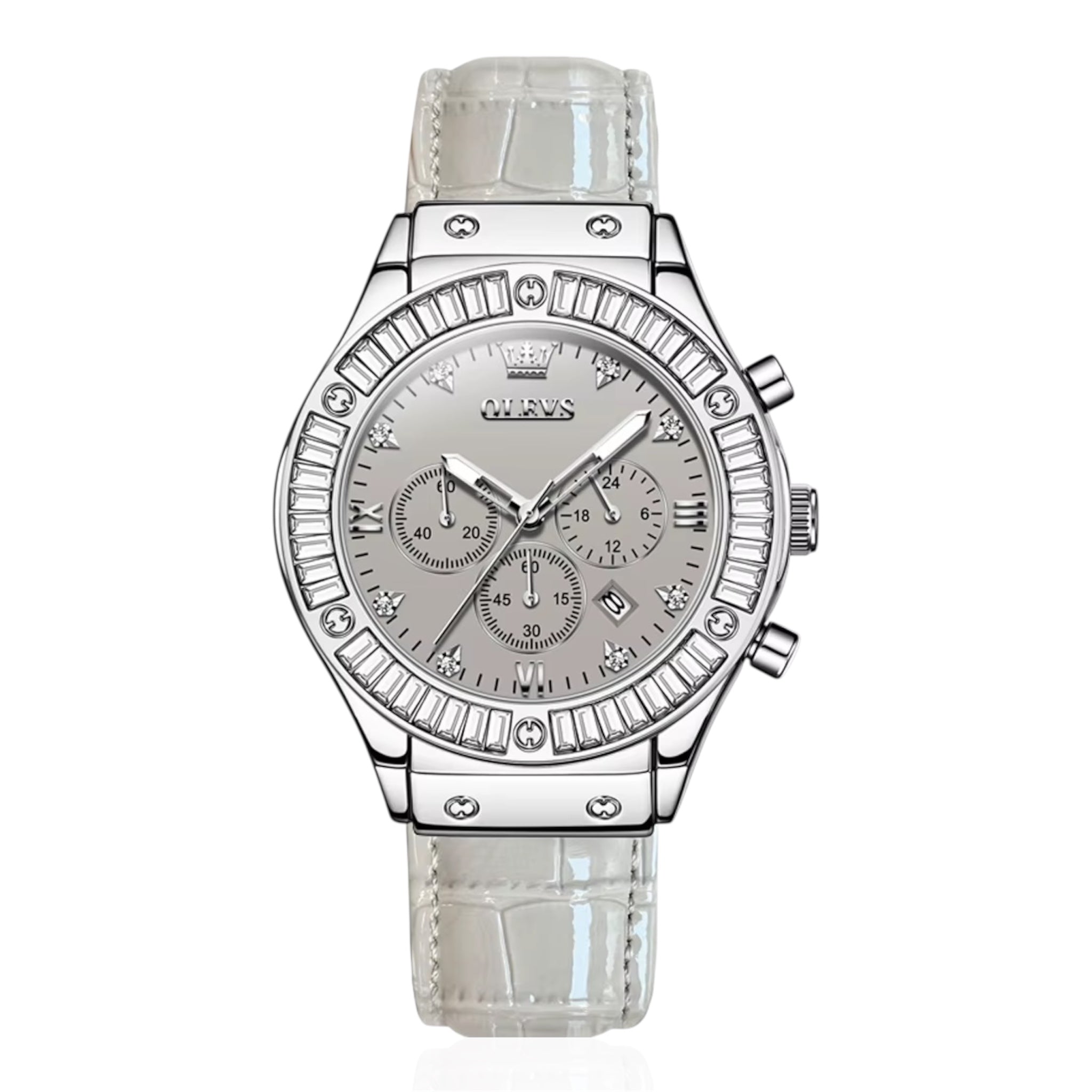 OLEVS Dames analoog quartzhorloge met leren band, gemaakt van rhinstone, waterdicht, luxe en elegant quartzhorloge voor dames