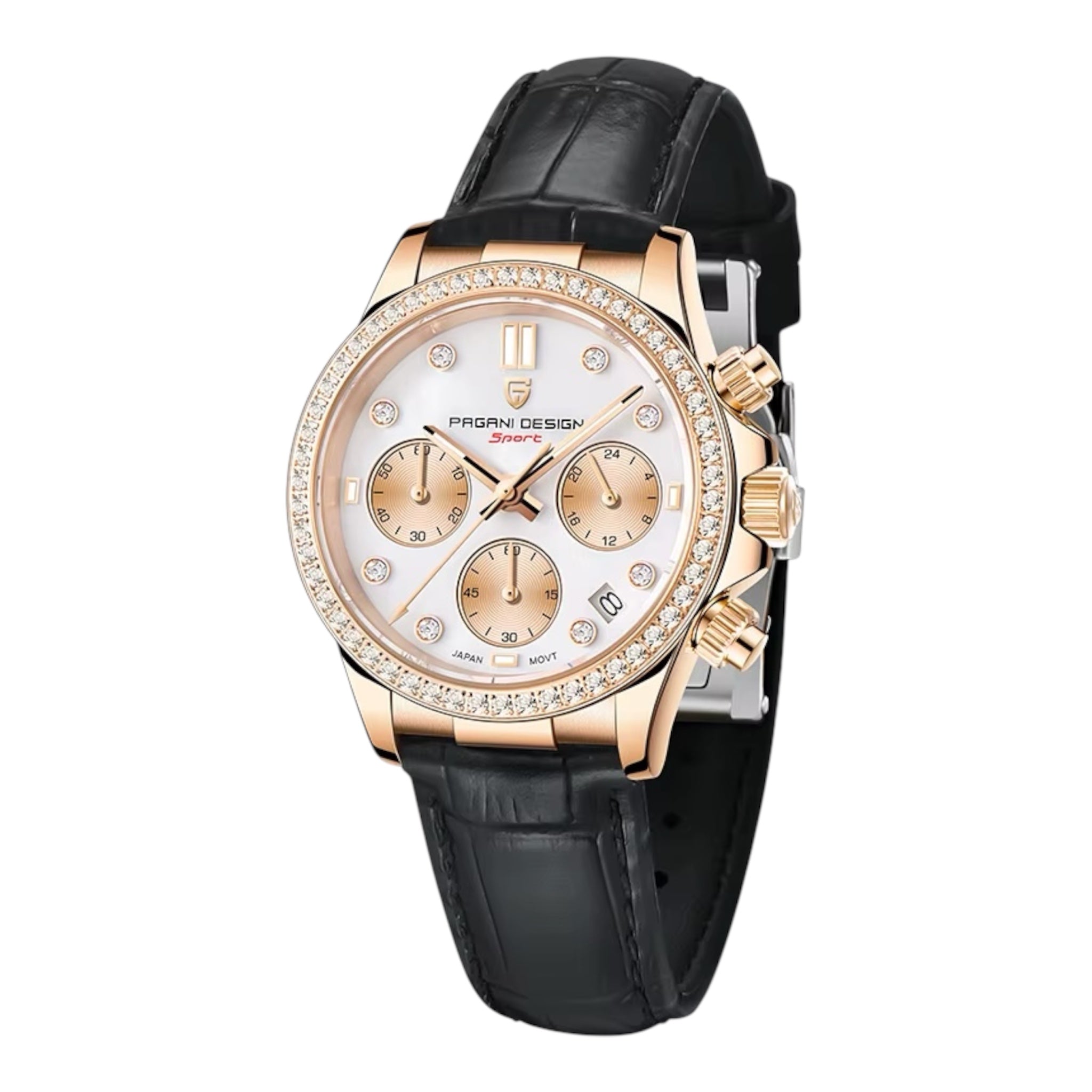 PAGANI Design Luxe Dames Quartz Horloge Leren Riem Rhionstone Gemaakt Waterdicht Chronograaf Dameshorloge