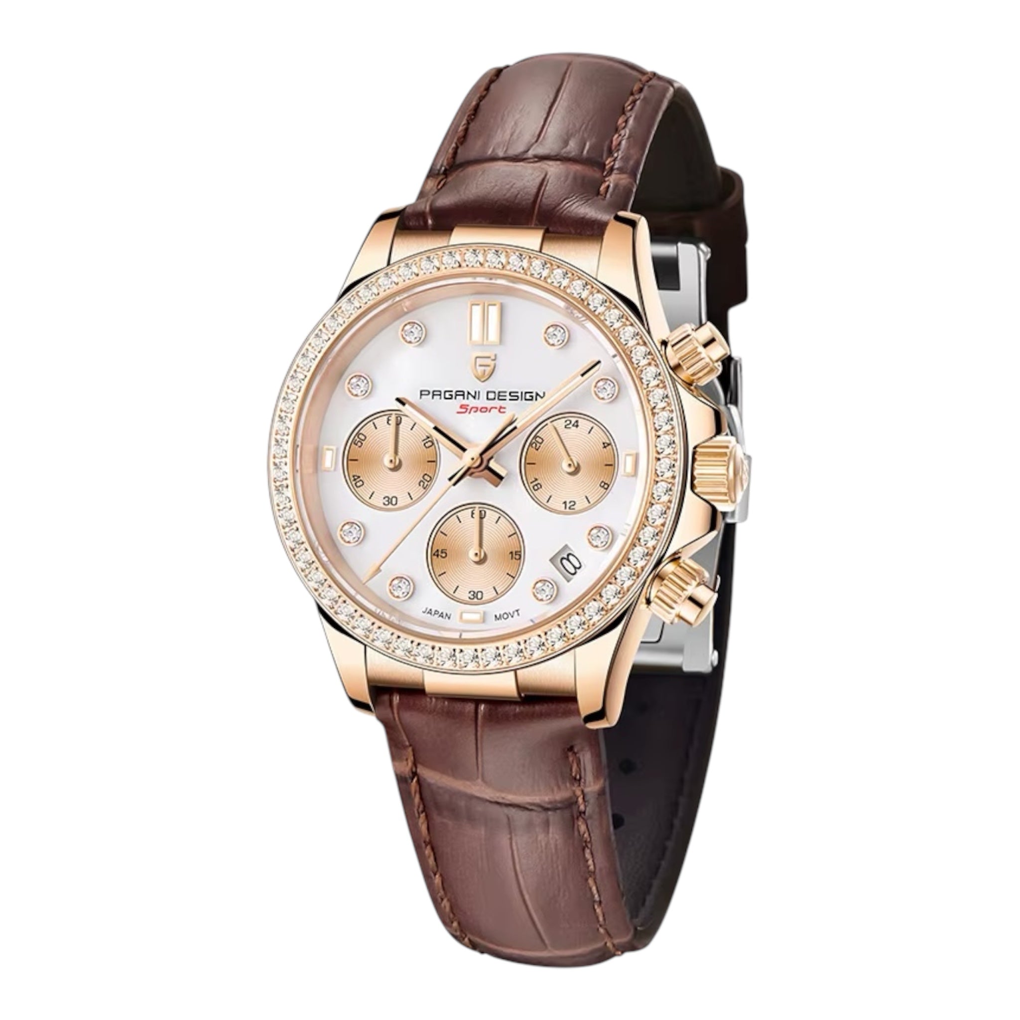 PAGANI Design Luxe Dames Quartz Horloge Leren Riem Rhionstone Gemaakt Waterdicht Chronograaf Dameshorloge