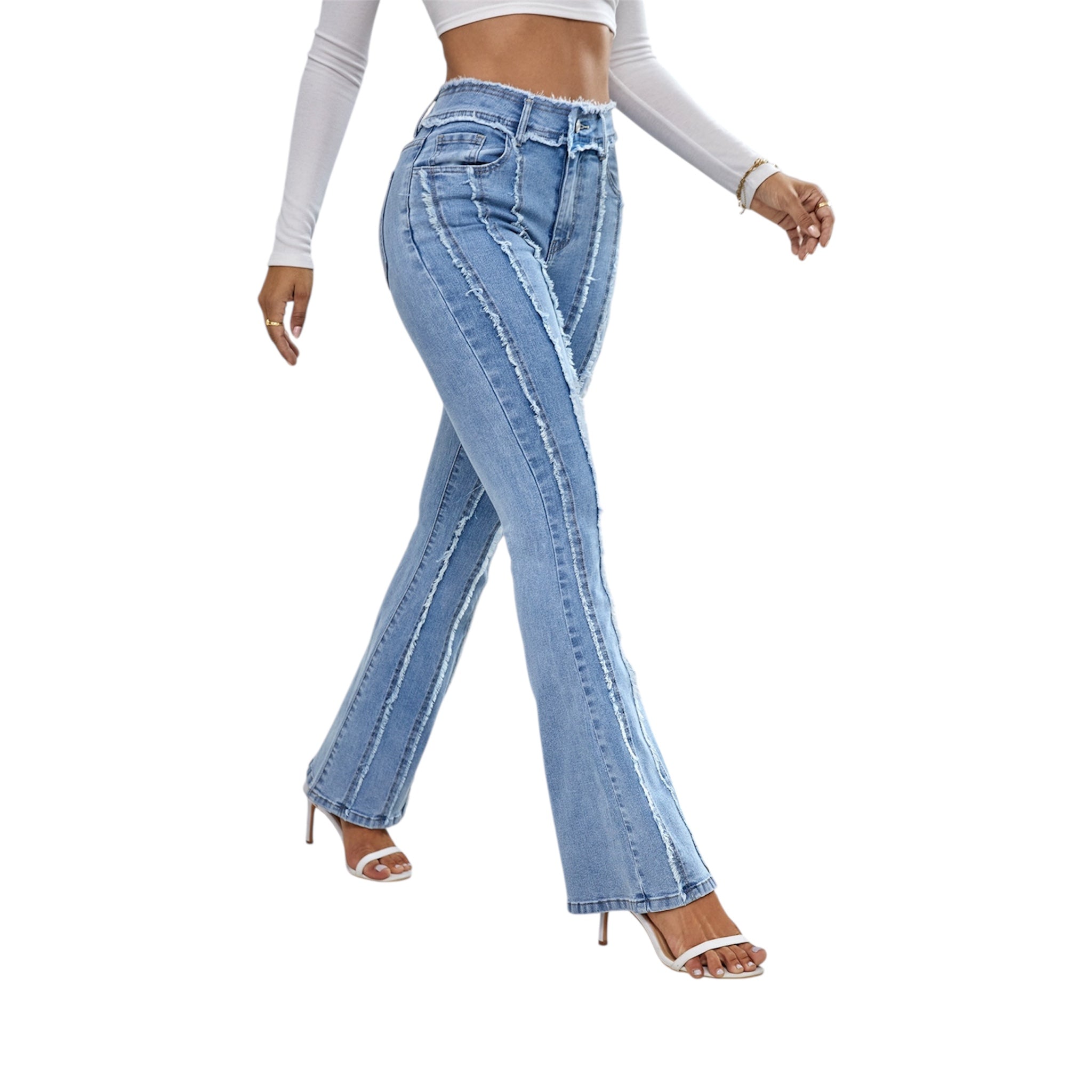 Jeans da donna in denim azzurro chiaro con pieghe e frange, taglio a stivaletto slim, bordo snellente e sollevante