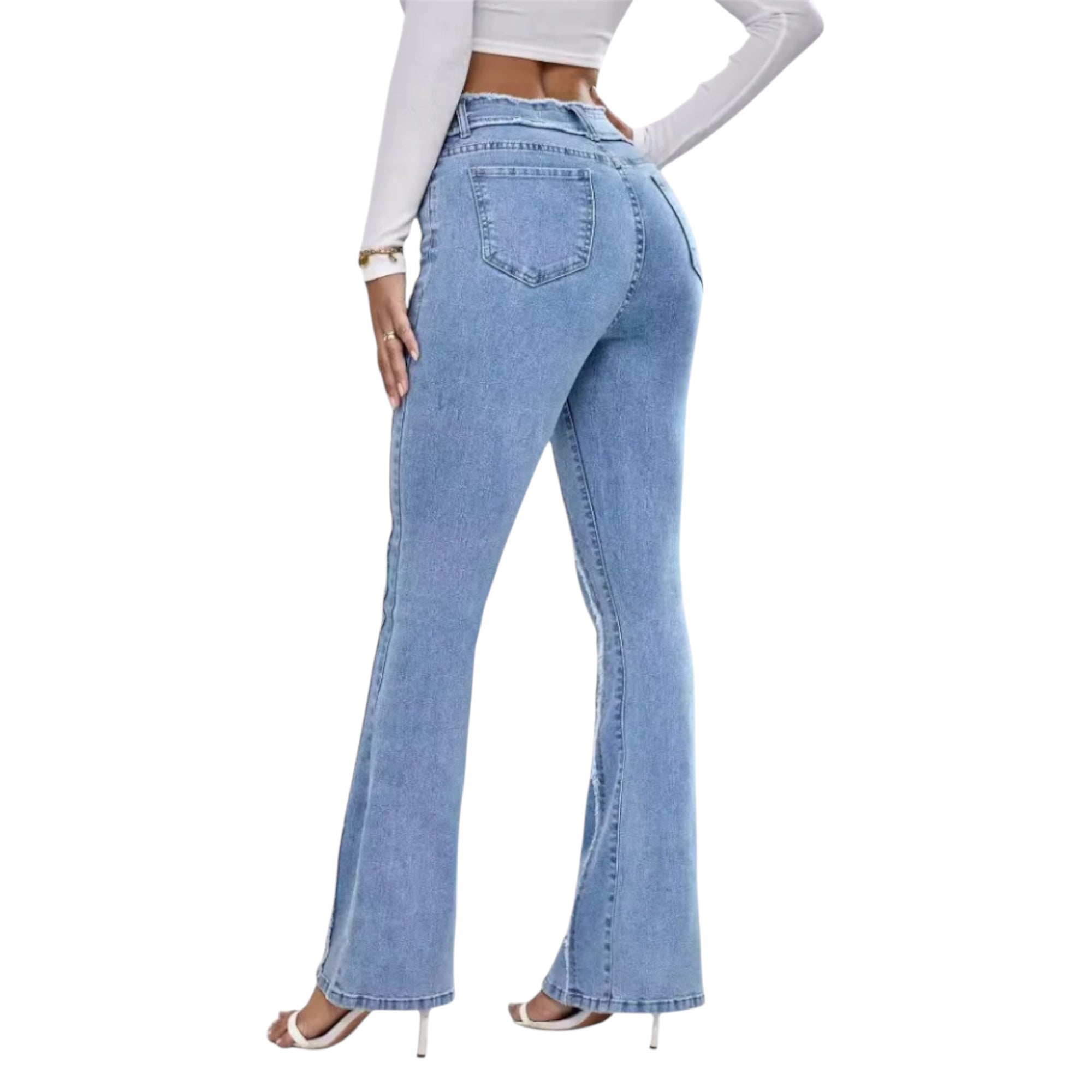 Women's Light Blue Denim Jeans Pleated Fringed Detailing Slim Bootcut Silhouette Lifting Slimming Edge Women Jeans