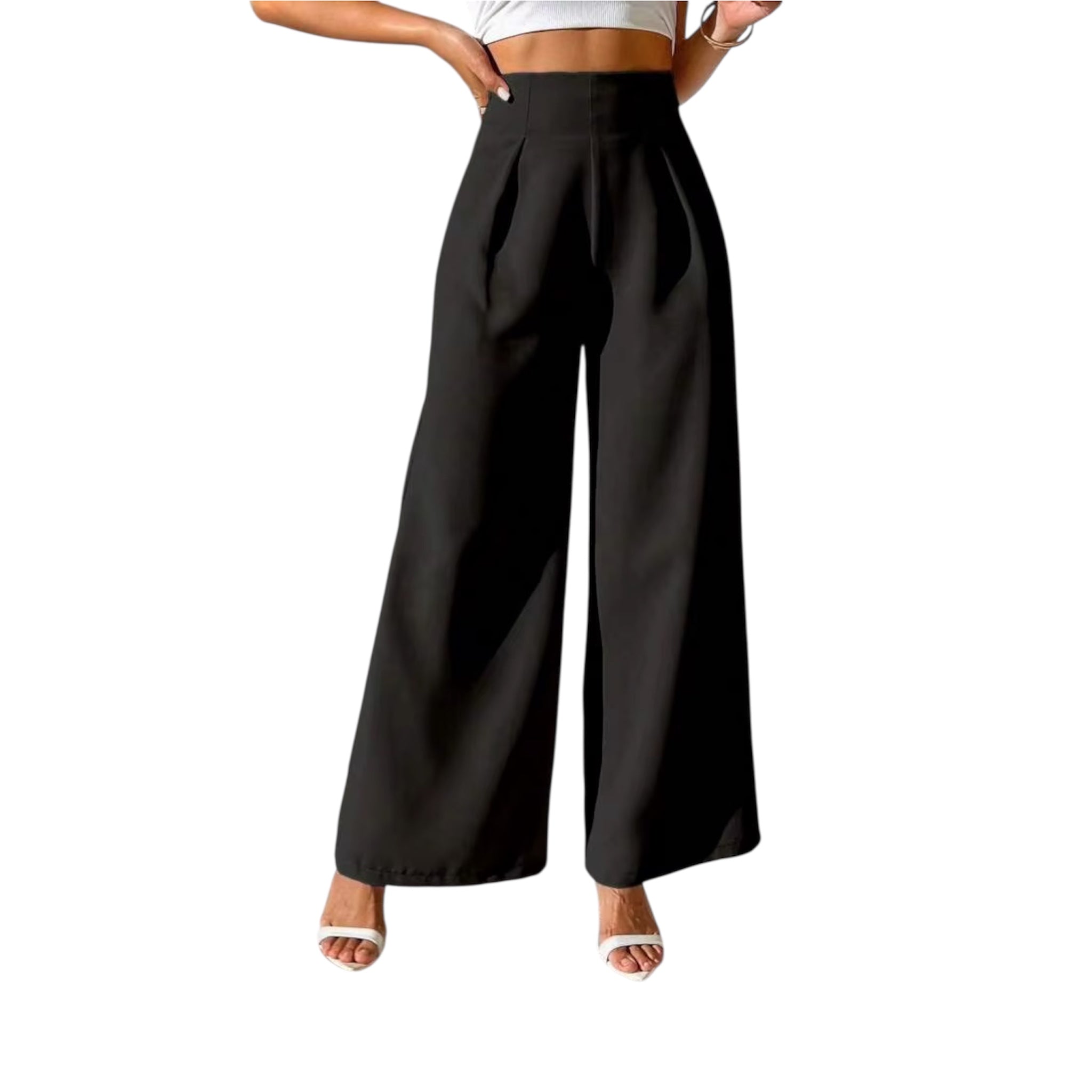 Pantaloni lunghi formali larghi e larghi a vita alta, eleganti e alla moda, da donna, in tinta unita.