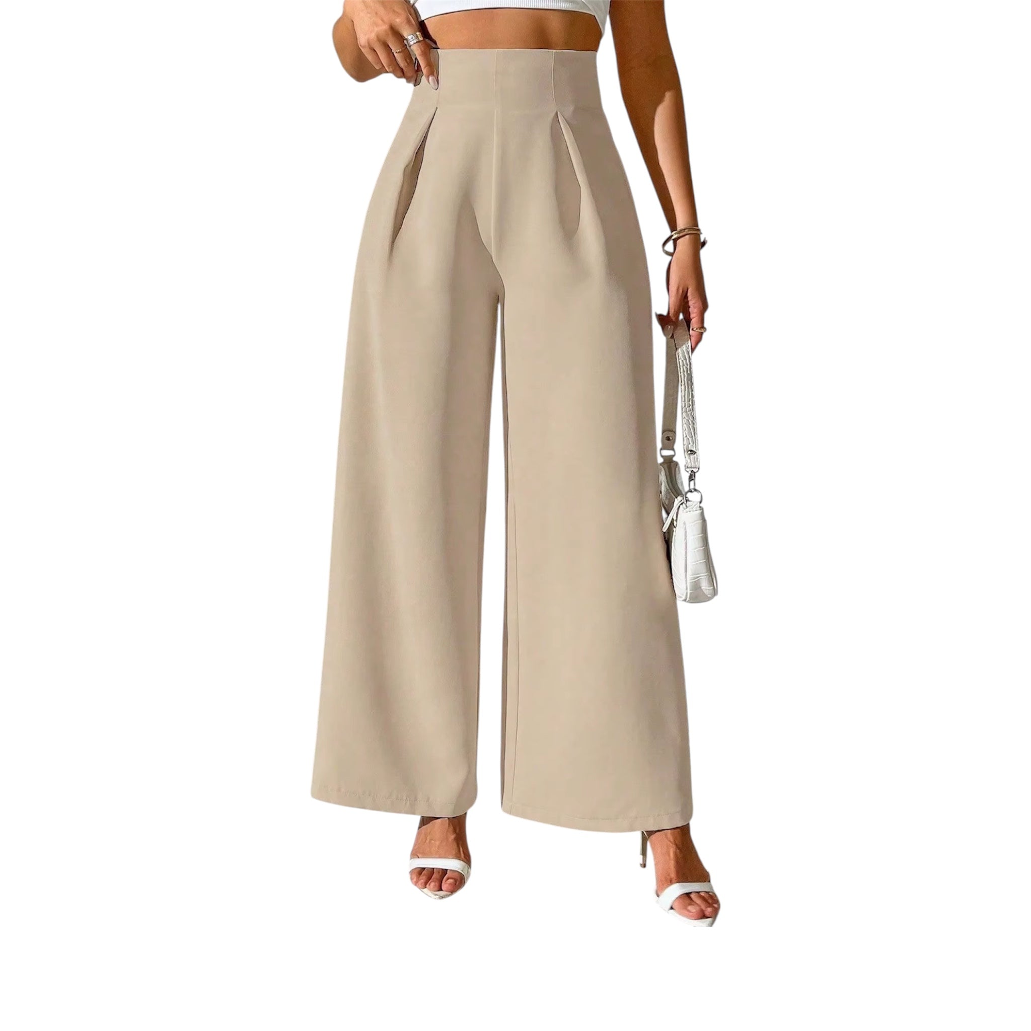 Pantaloni lunghi formali larghi e larghi a vita alta, eleganti e alla moda, da donna, in tinta unita.