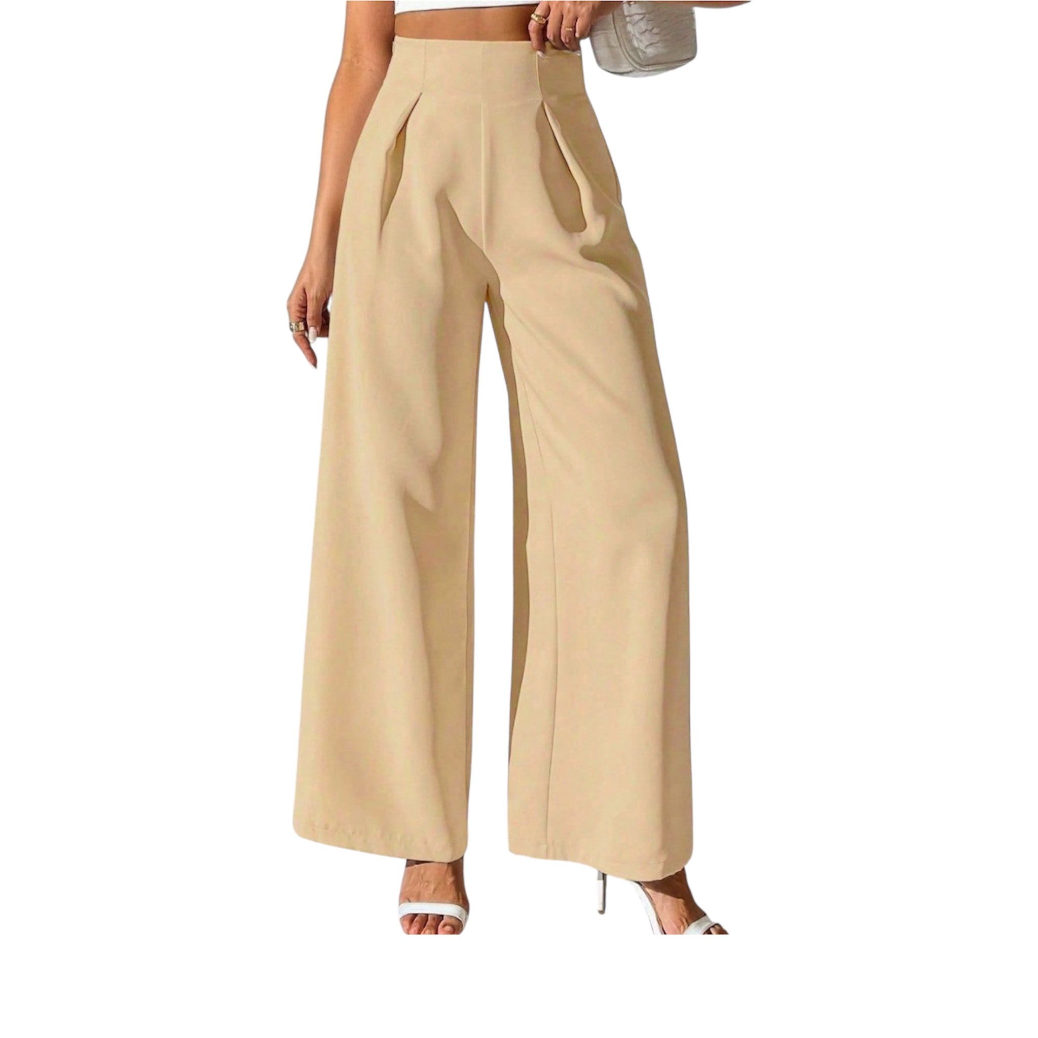 Pantaloni lunghi formali larghi e larghi a vita alta, eleganti e alla moda, da donna, in tinta unita.