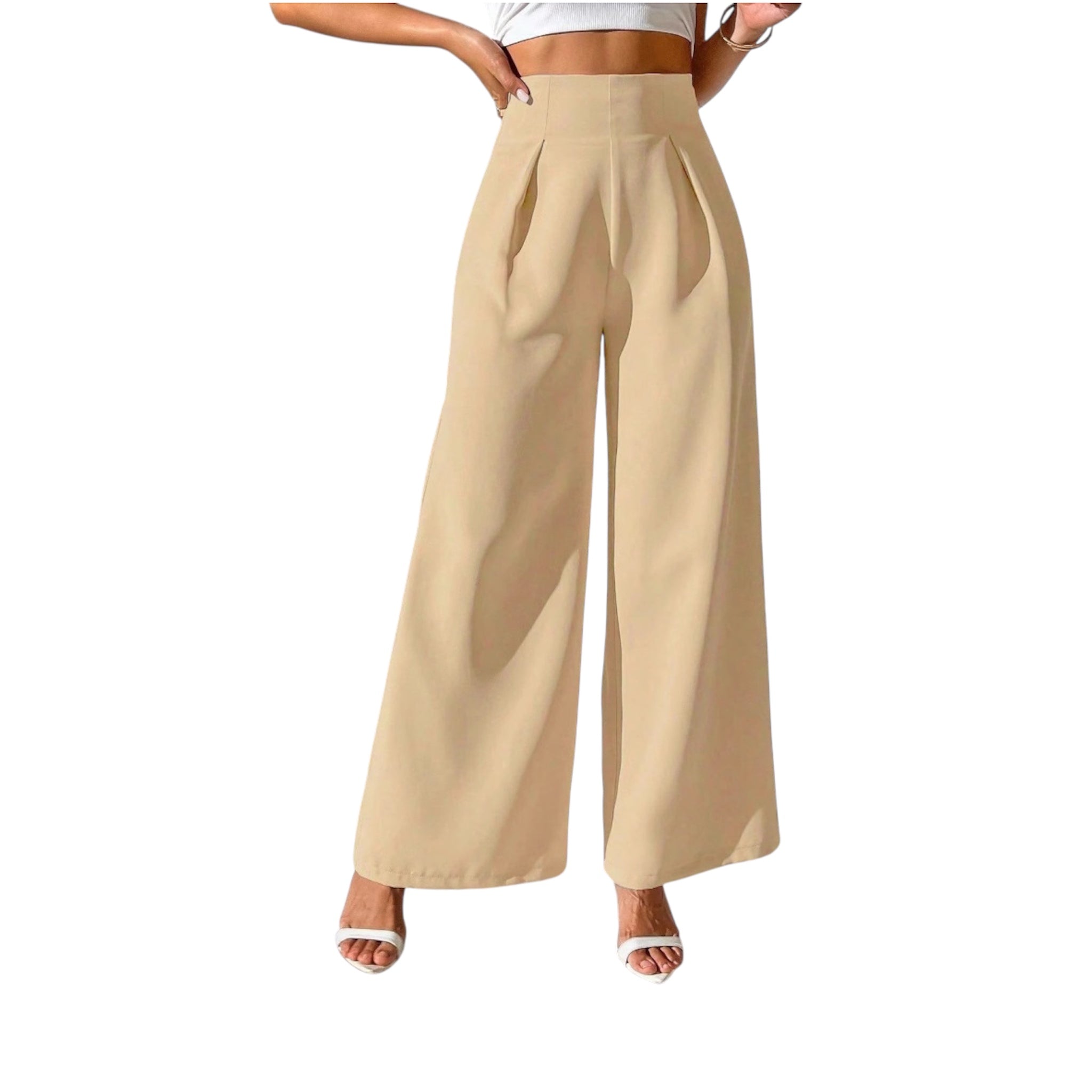 Pantaloni lunghi formali larghi e larghi a vita alta, eleganti e alla moda, da donna, in tinta unita.