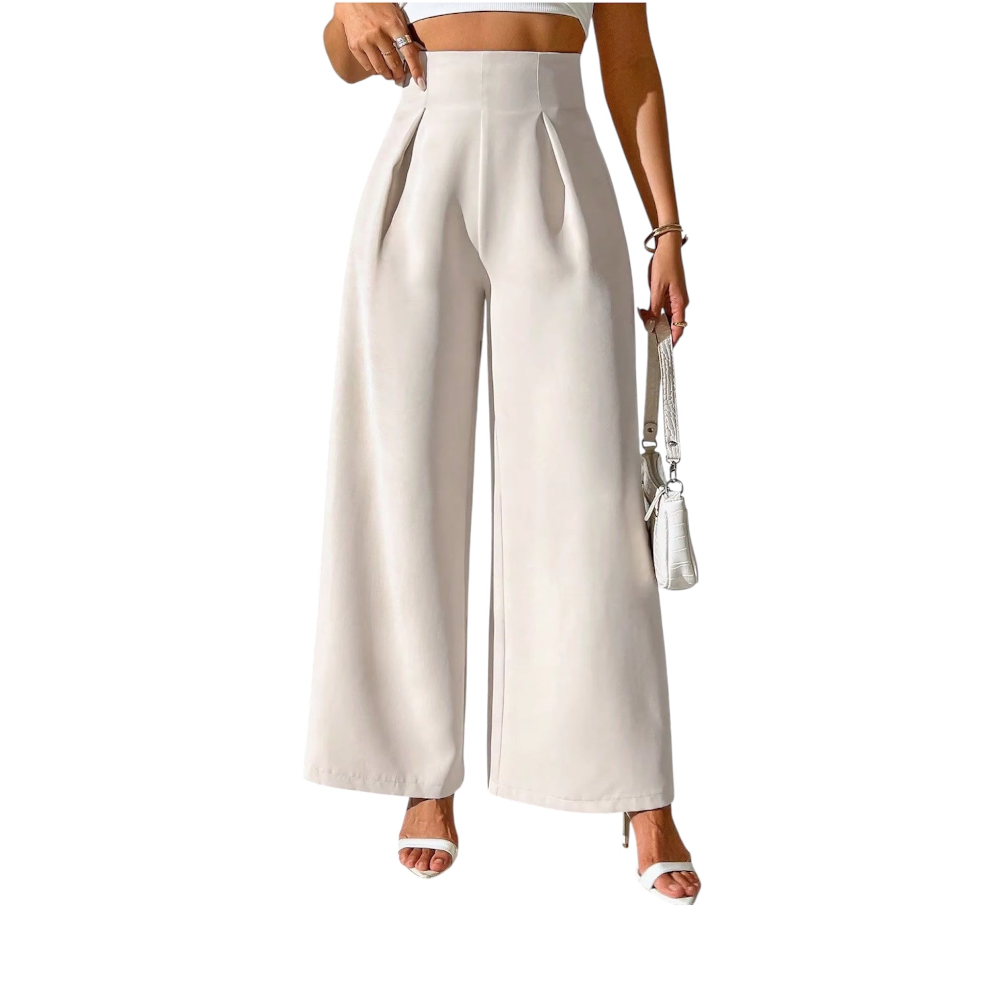 Pantaloni lunghi formali larghi e larghi a vita alta, eleganti e alla moda, da donna, in tinta unita.