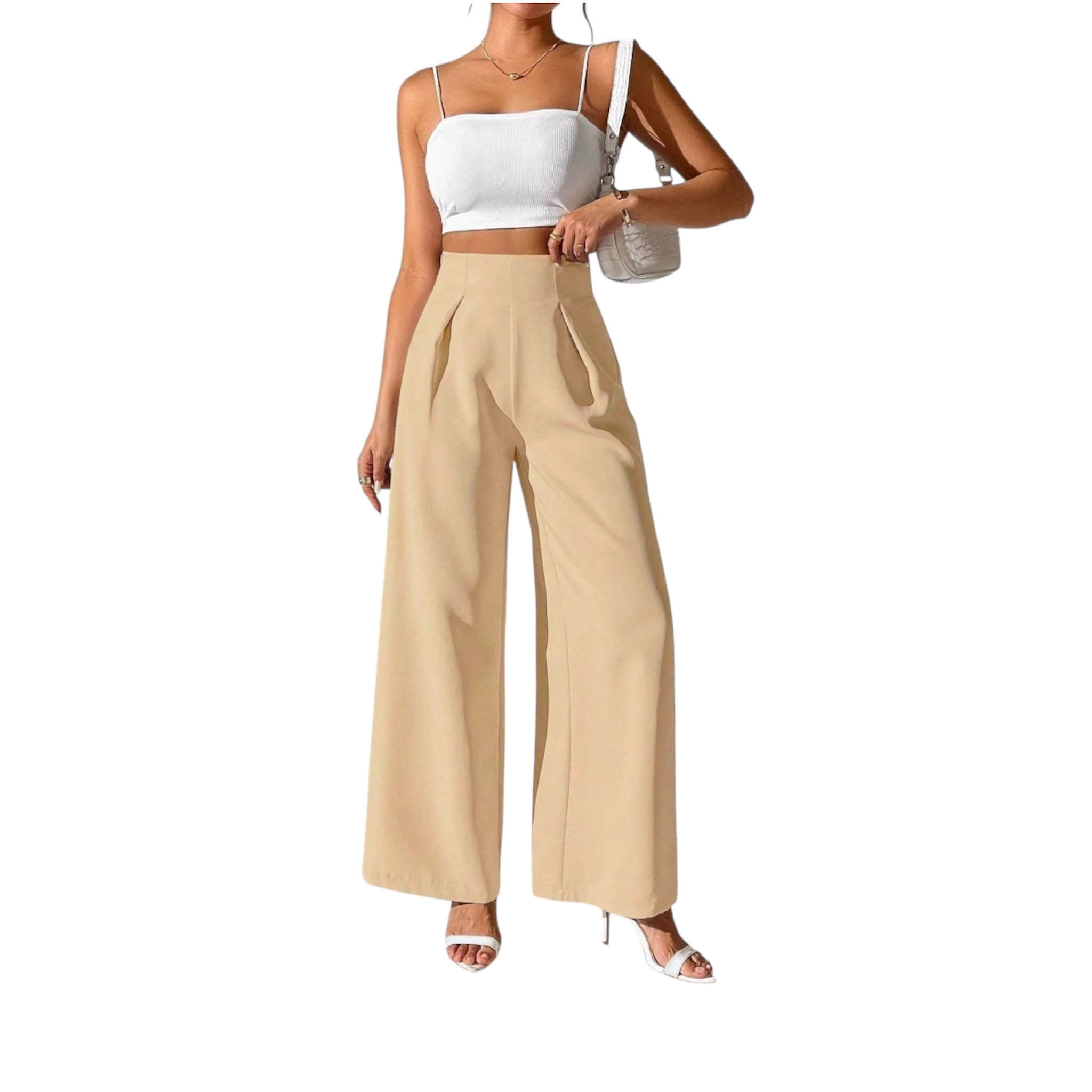 Pantaloni lunghi formali larghi e larghi a vita alta, eleganti e alla moda, da donna, in tinta unita.