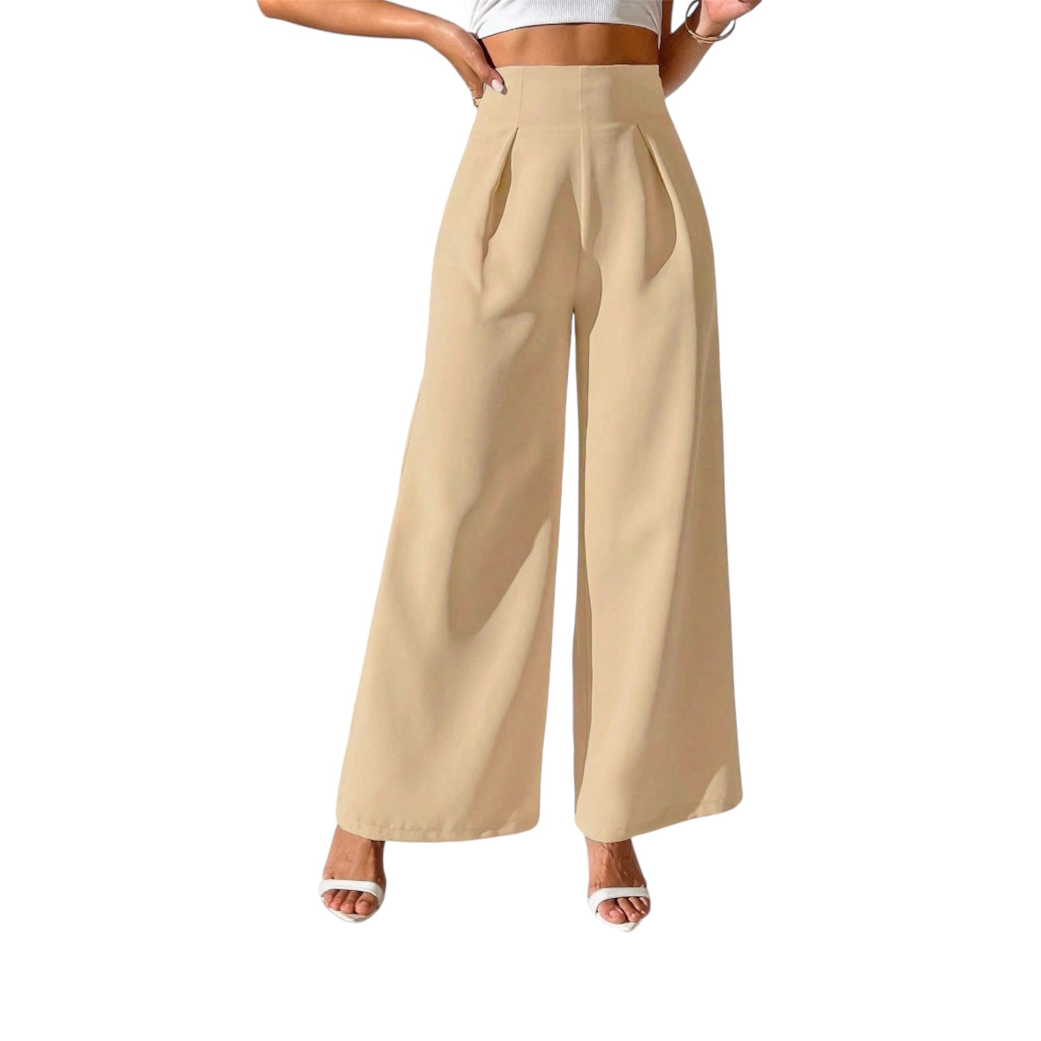 Pantaloni lunghi formali larghi e larghi a vita alta, eleganti e alla moda, da donna, in tinta unita.